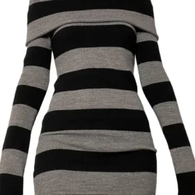 Women Autumn Dress Striped Boat-Neck Long Sleeve